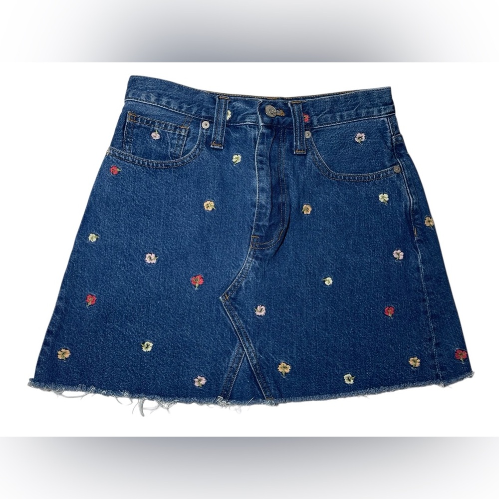 Madewell Confetti Floral Rigid Denim A-Line Mini Skirt Embroidered Cotton Sz 25 - Picture 2 of 8